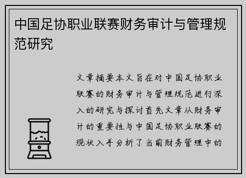 中国足协职业联赛财务审计与管理规范研究