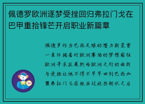 佩德罗欧洲逐梦受挫回归弗拉门戈在巴甲重拾锋芒开启职业新篇章 佩德罗欧洲逐梦受挫回归弗拉门戈在巴甲重拾锋芒开启职业新篇章