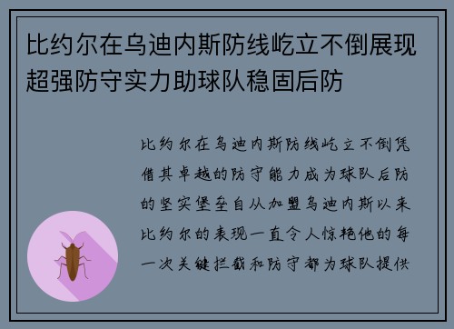 比约尔在乌迪内斯防线屹立不倒展现超强防守实力助球队稳固后防